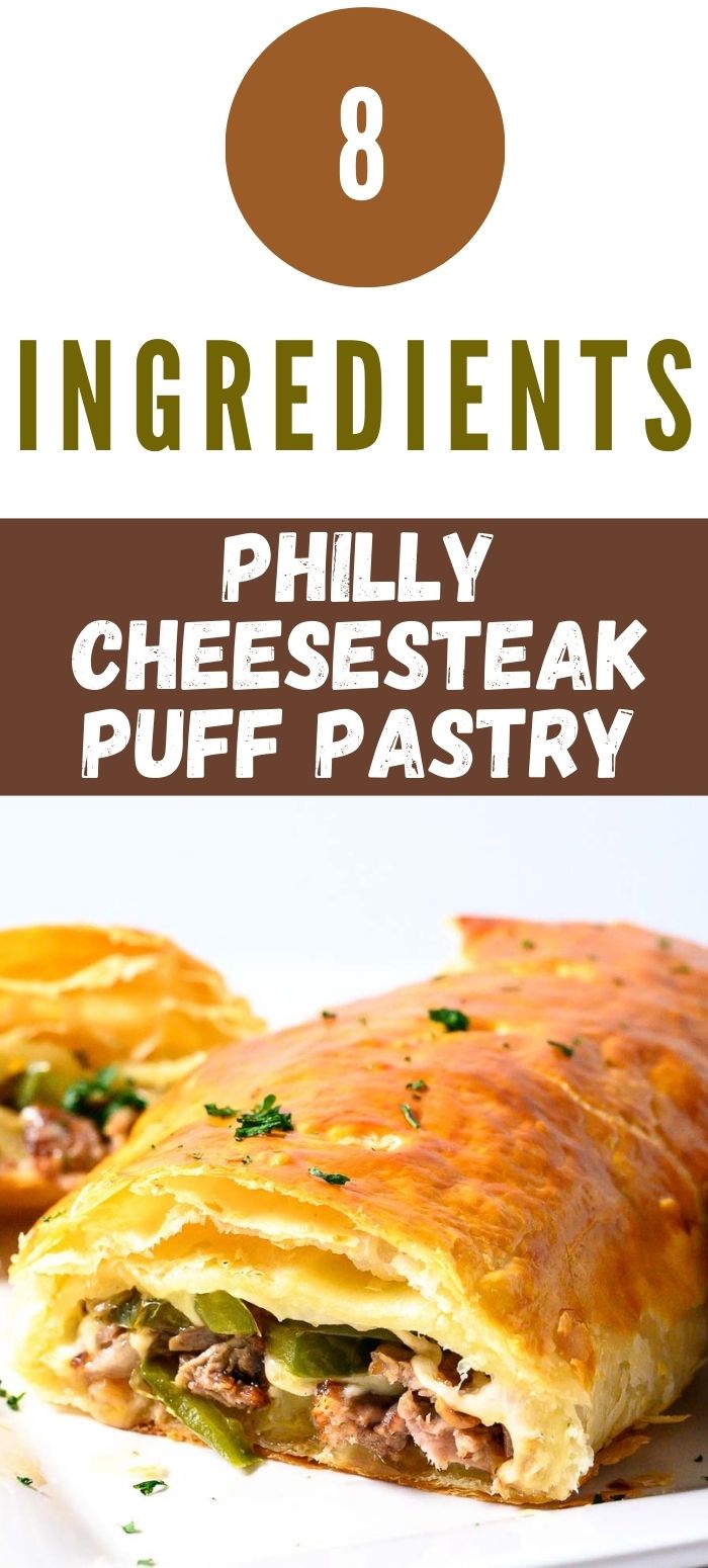 puff pastry filled with steak, cheese, onions, and green peppers.