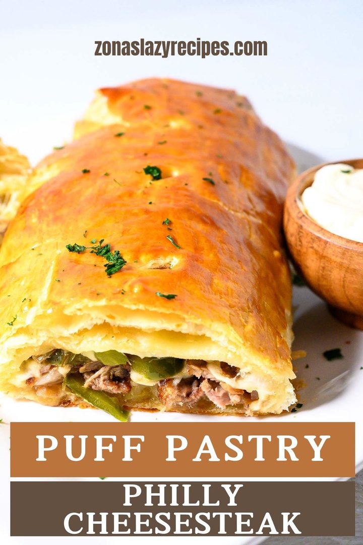 puff pastry filled with steak, cheese, onions, and green peppers.