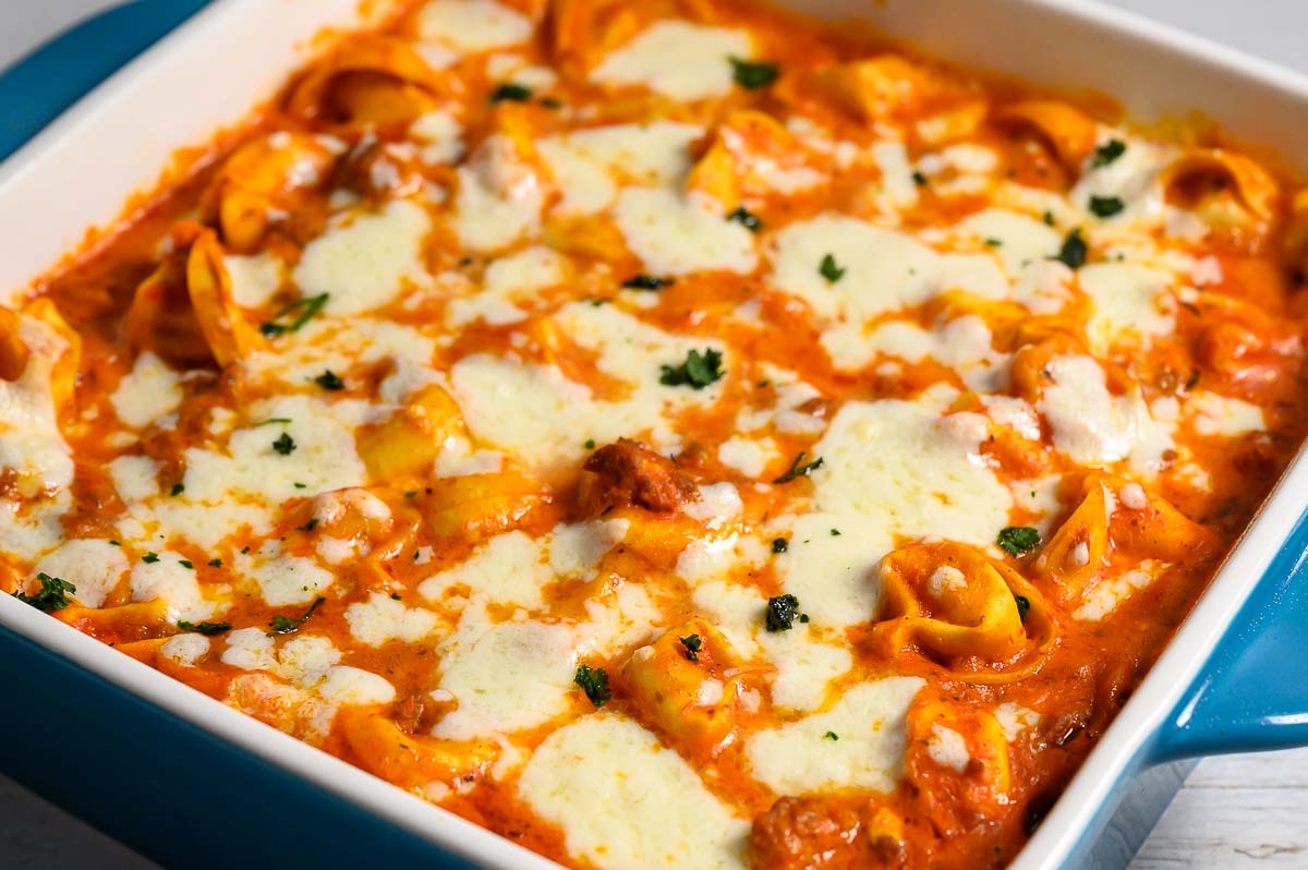 Ground Beef Tortellini in a baking dish.