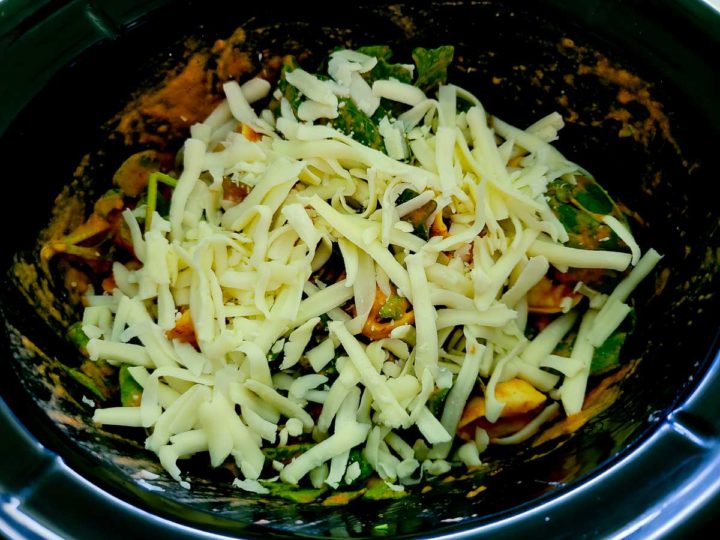 mozzarella cheese, baby spinach, italian seasoning, tortellini, heavy cream, and spaghetti sauce in a crockpot.