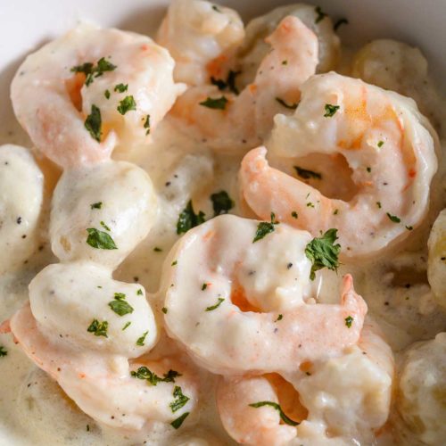 Creamy Shrimp Gnocchi Alfredo in a bowl.