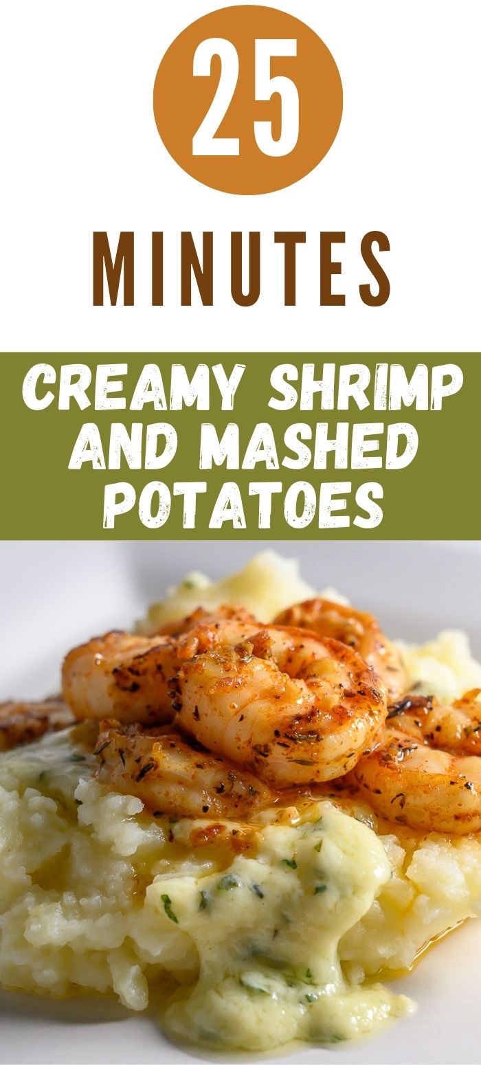 Shrimp and Mashed Potatoes with a thick, creamy basil and parmesan cheese sauce on a plate.