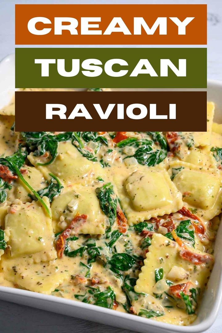 Creamy Tuscan Ravioli in a dish.
