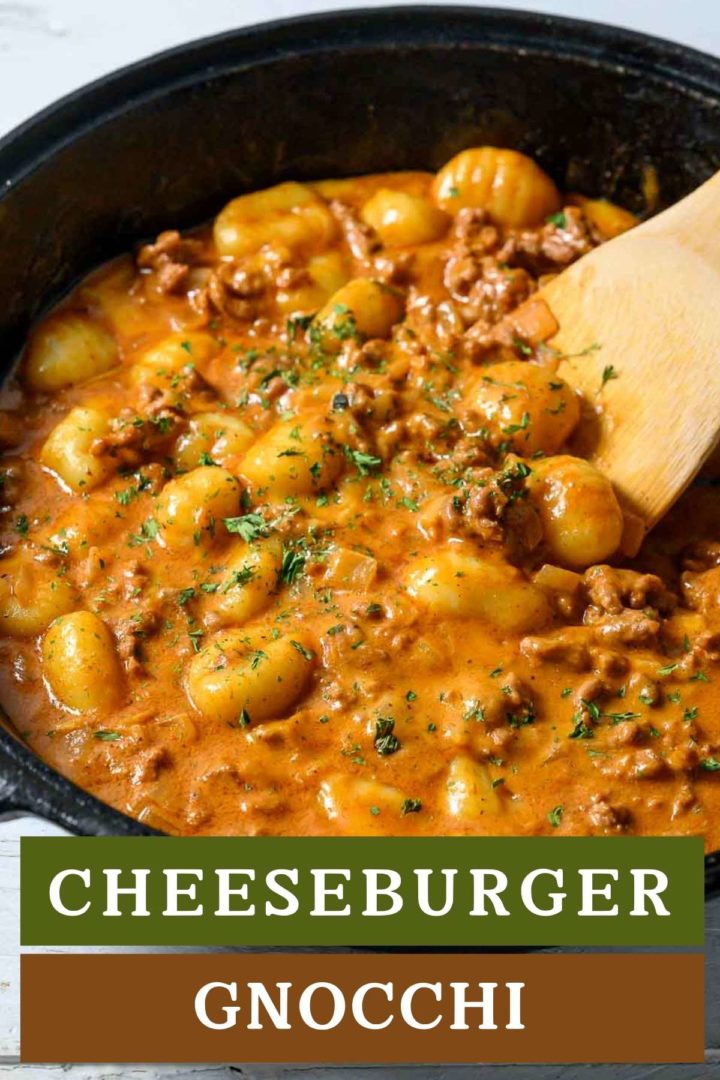cheeseburger gnocchi cooking in a pan.