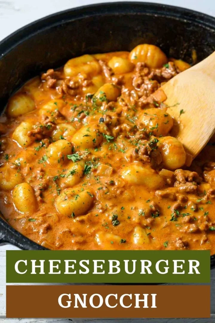 cheeseburger gnocchi cooking in a pan.