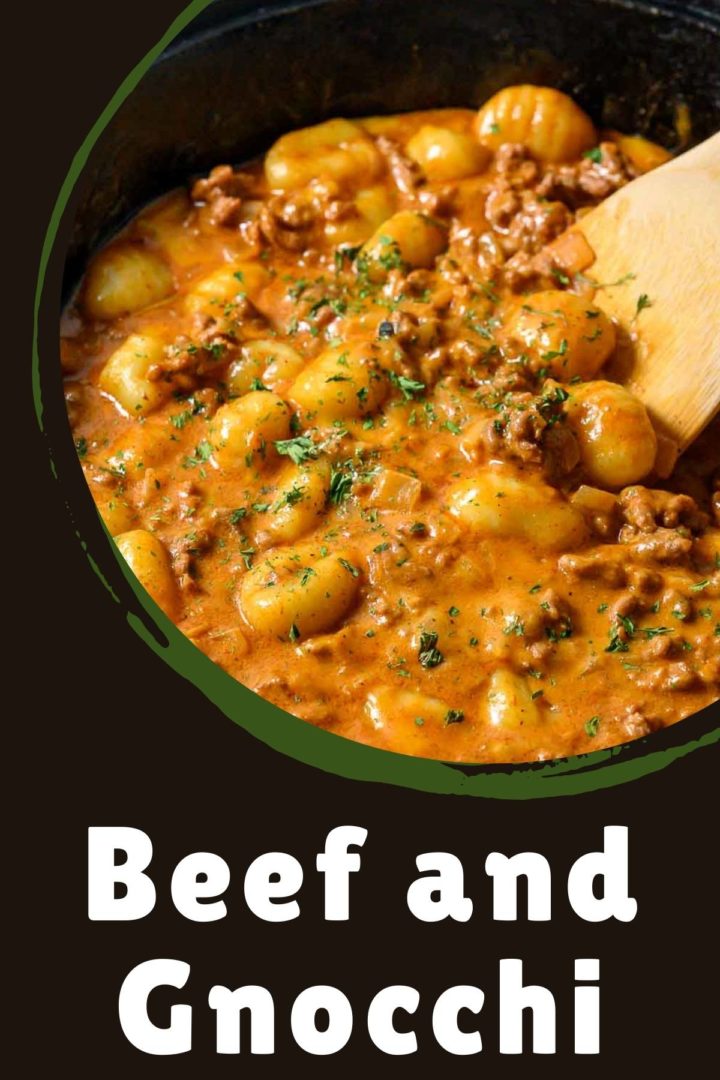 beef and gnocchi cooking in a skillet.