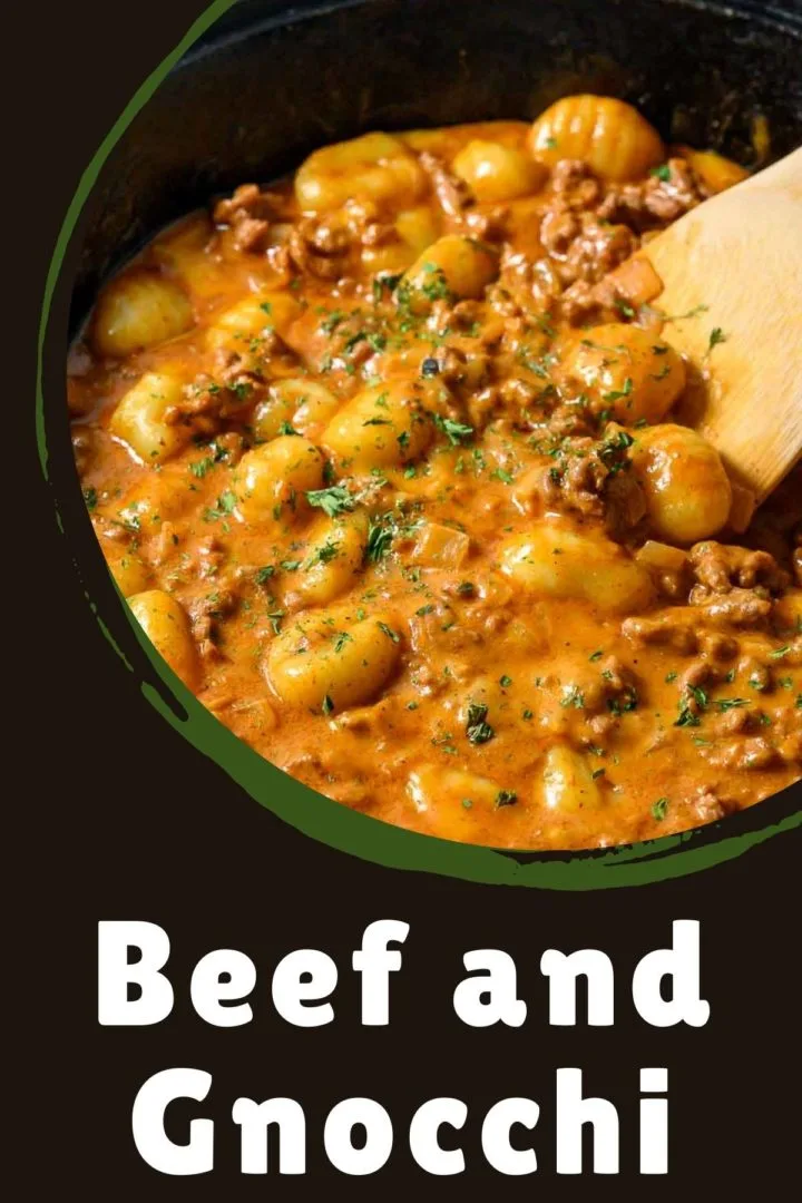 beef and gnocchi cooking in a skillet.