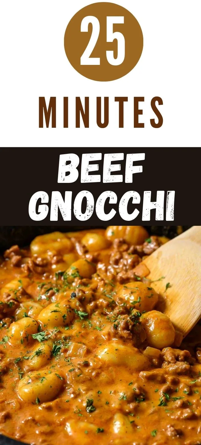 25 minute beef gnocchi cooking in a pan.