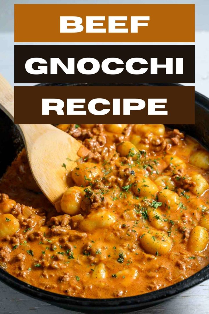 beef gnocchi cooking in a skillet.