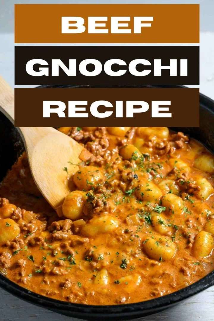 beef gnocchi cooking in a skillet.