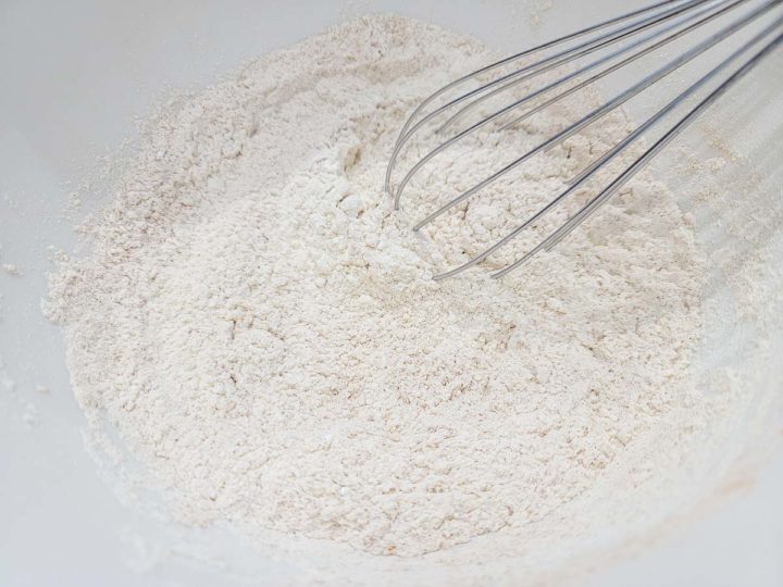 flour, salt, baking powder and cinnamon whisked in a bowl.