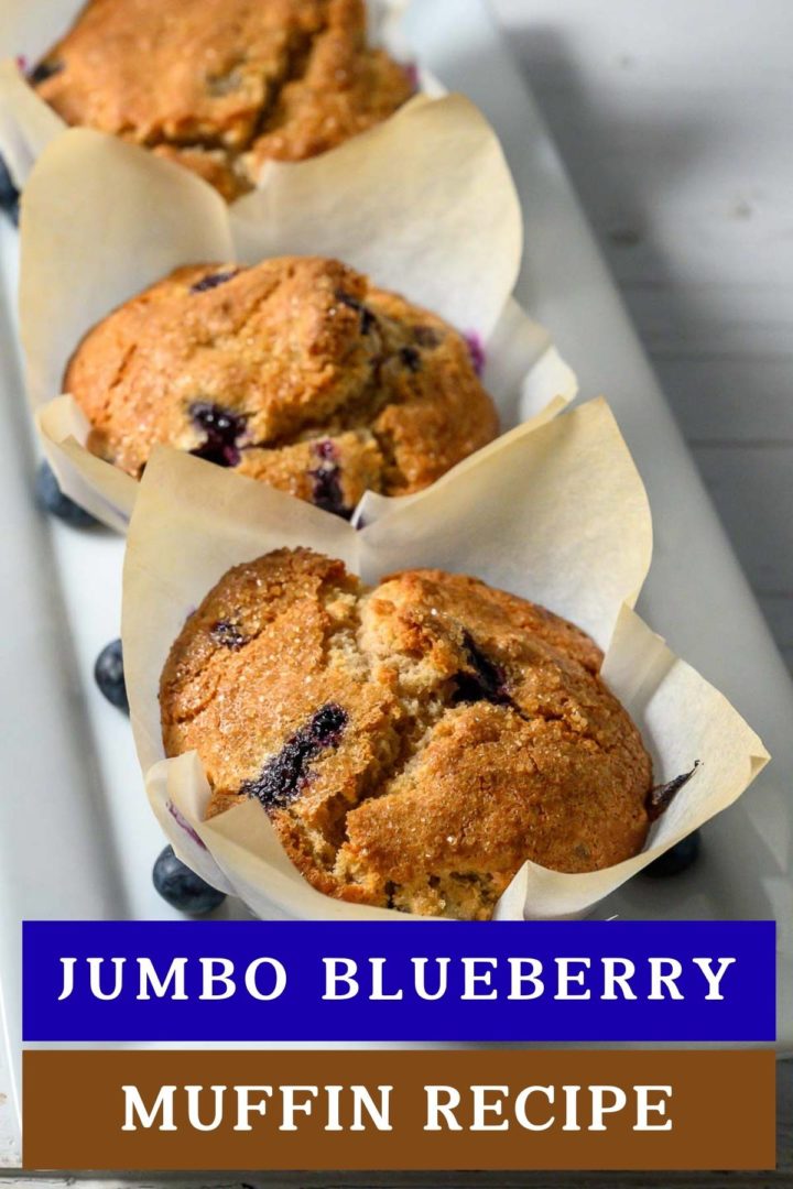 three jumbo blueberry muffins in paper liners on a platter.
