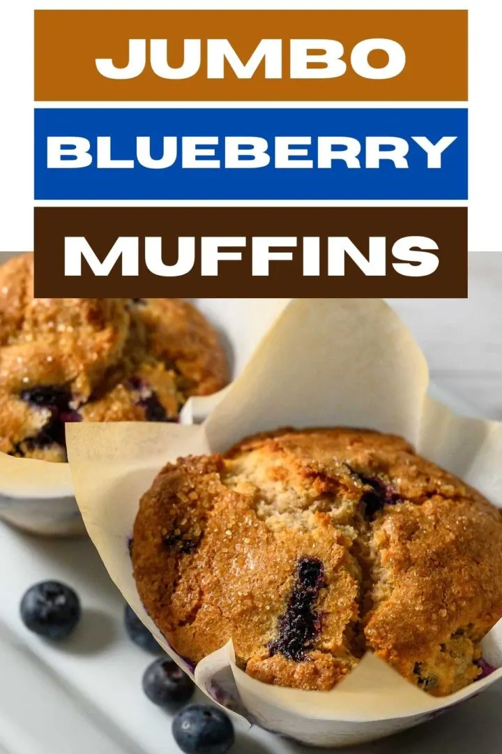 two jumbo blueberry muffins in paper liners on a platter.