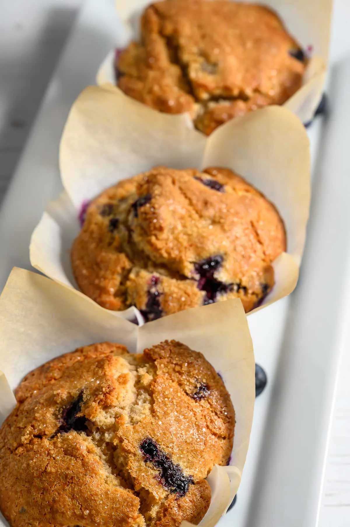 three jumbo blueberry muffins in paper liners on a platter.
