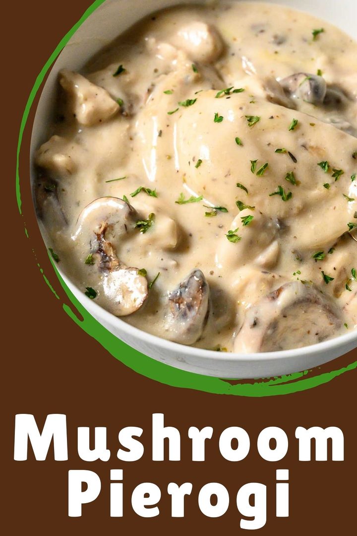 baked pierogi, chicken, mushrooms, and creamy sauce in a serving bowl.