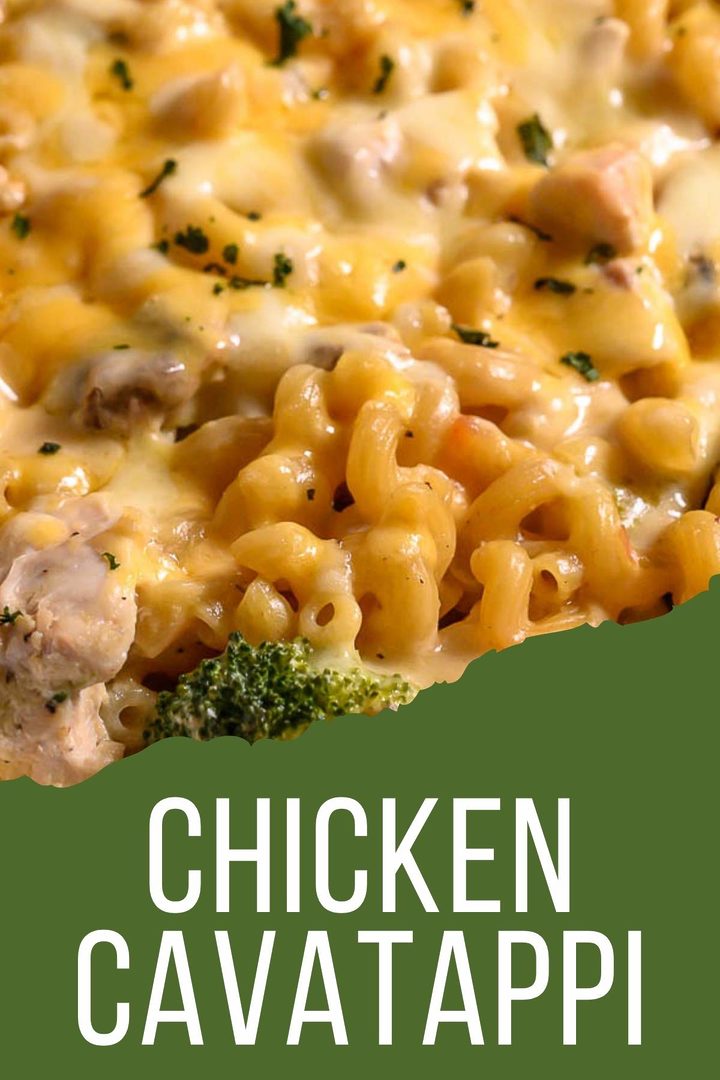 condensed soup, chicken broth, salt, pepper, garlic powder, onion powder, broccoli, raw chicken, uncooked cavatappi pasta, and cheese in a baking dish.