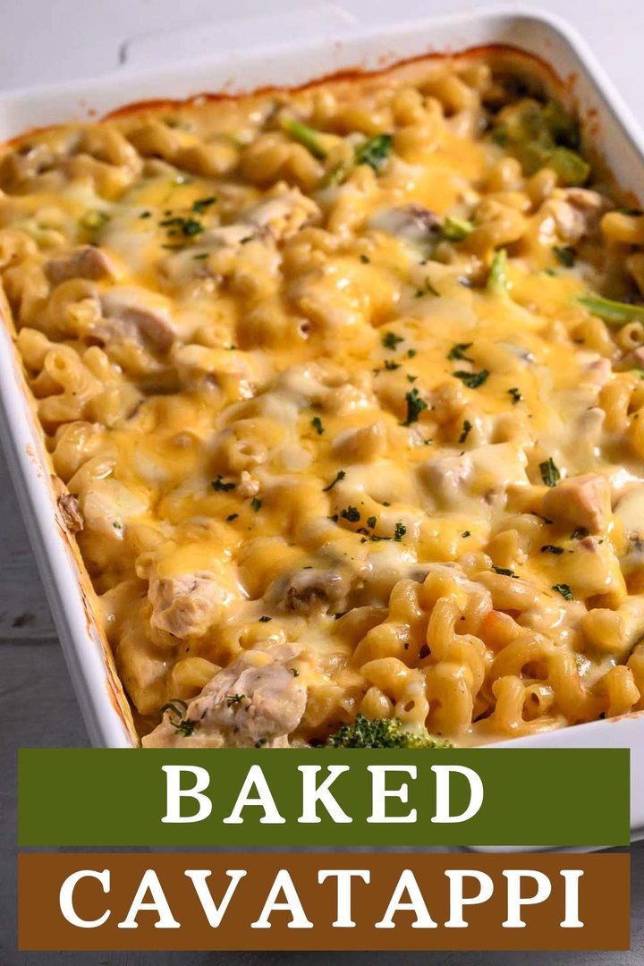 condensed soup, chicken broth, salt, pepper, garlic powder, onion powder, broccoli, raw chicken, uncooked cavatappi pasta, and cheese in a baking dish.
