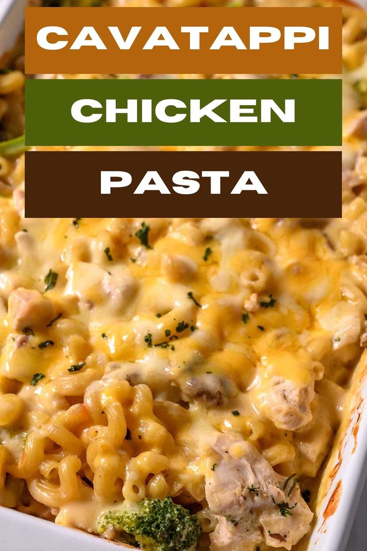 condensed soup, chicken broth, salt, pepper, garlic powder, onion powder, broccoli, raw chicken, uncooked cavatappi pasta, and cheese in a baking dish.
