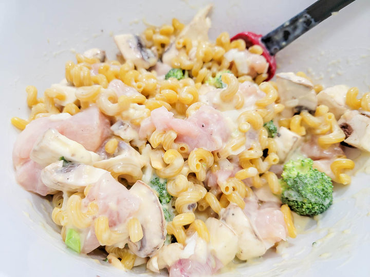 condensed soup, chicken broth, salt, pepper, garlic powder, onion powder, broccoli, raw chicken, and uncooked cavatappi pasta mixed in a bowl.