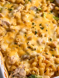 condensed soup, chicken broth, salt, pepper, garlic powder, onion powder, broccoli, raw chicken, uncooked cavatappi pasta, and cheese in a baking dish.