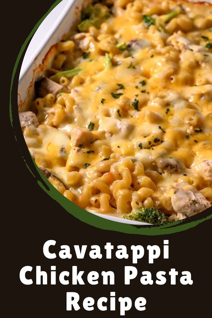 condensed soup, chicken broth, salt, pepper, garlic powder, onion powder, broccoli, raw chicken, uncooked cavatappi pasta, and cheese in a baking dish.