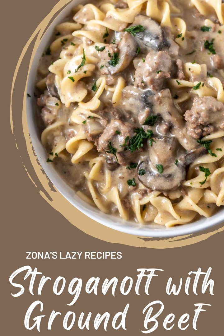 Ground Beef Stroganoff with ground beef, saut&eacute;ed onions, and tender mushrooms in a rich, creamy sauce. Served over egg noodles in a bowl.