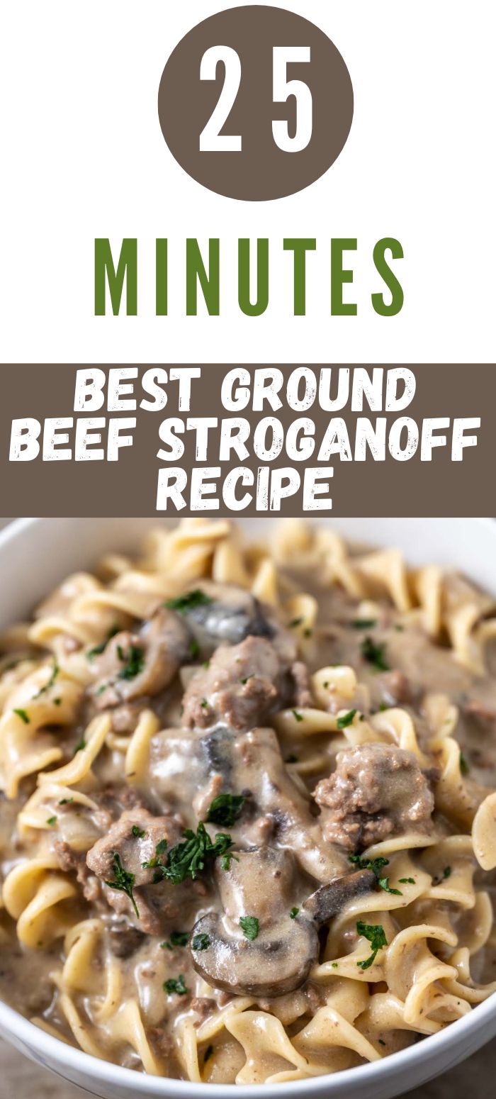 Ground Beef Stroganoff with ground beef, saut&eacute;ed onions, and tender mushrooms in a rich, creamy sauce. Served over egg noodles in a bowl.