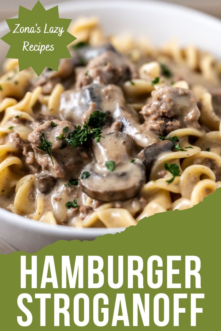 Ground Beef Stroganoff with ground beef, saut&eacute;ed onions, and tender mushrooms in a rich, creamy sauce. Served over egg noodles in a bowl.