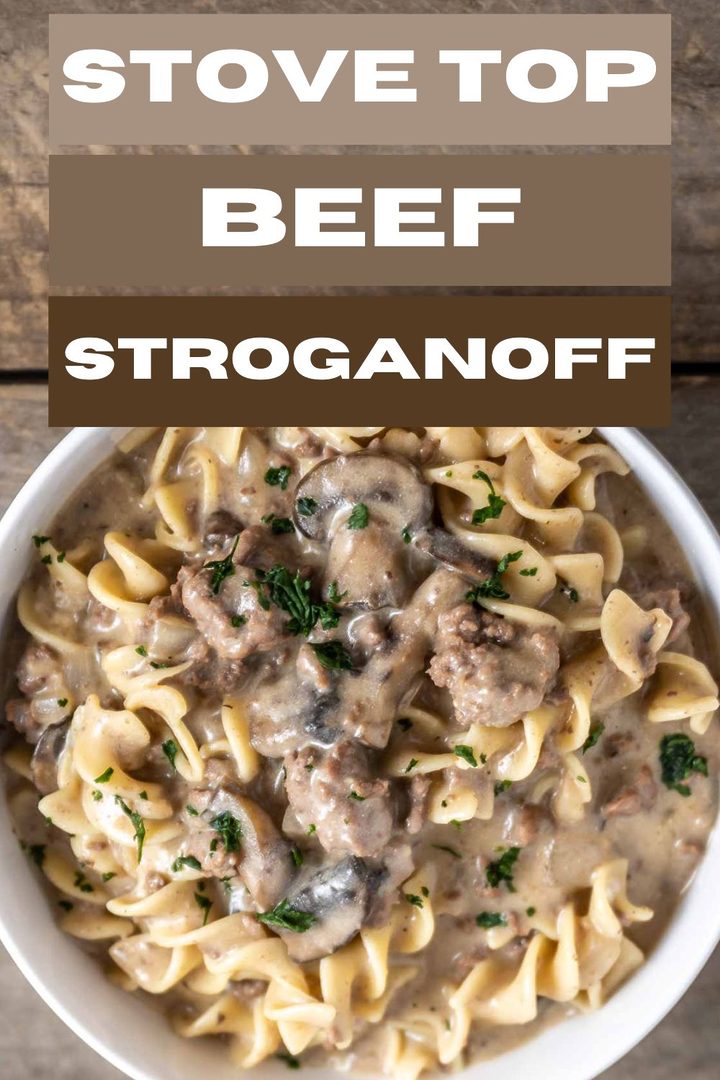 Ground Beef Stroganoff with ground beef, saut&eacute;ed onions, and tender mushrooms in a rich, creamy sauce. Served over egg noodles in a bowl.