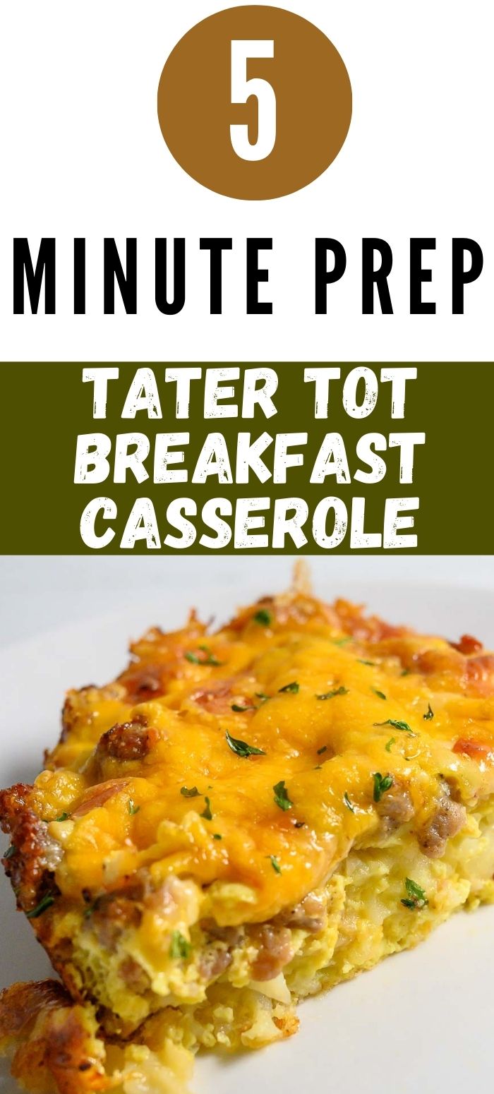 a slice of tater tot breakfast casserole filled with crispy tater tots, gooey cheese, savory sausage, and fluffy eggs.