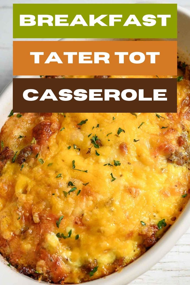 a baking dish with tater tot breakfast casserole filled with crispy tater tots, gooey cheese, savory sausage, and fluffy eggs.