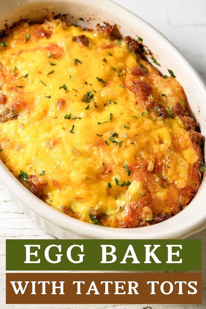 a baking dish with tater tot breakfast casserole filled with crispy tater tots, gooey cheese, savory sausage, and fluffy eggs.