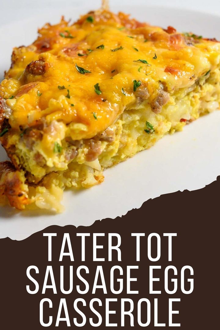 a slice of tater tot breakfast casserole filled with crispy tater tots, gooey cheese, savory sausage, and fluffy eggs.