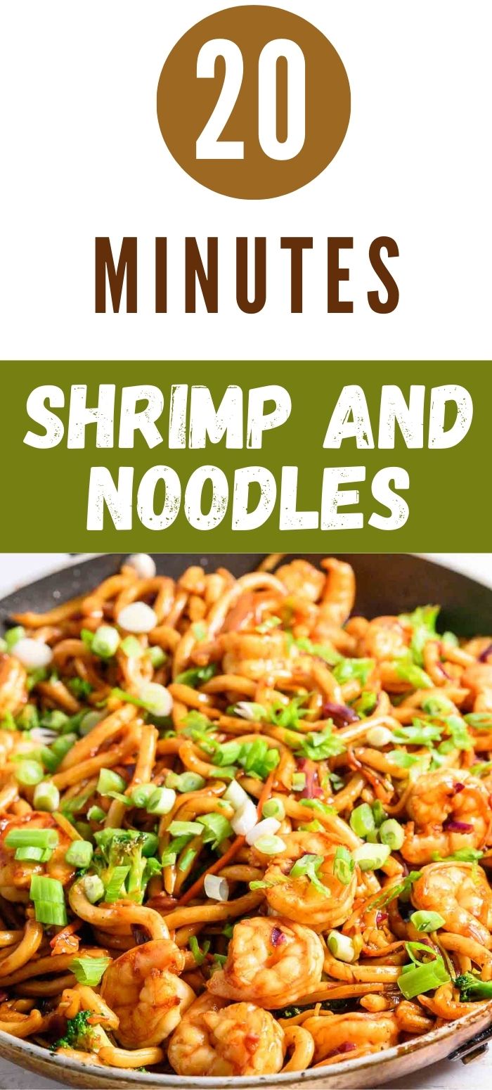 chewy udon noodles, tender shrimp, broccoli slaw, and stir fry sauce in a frying pan.