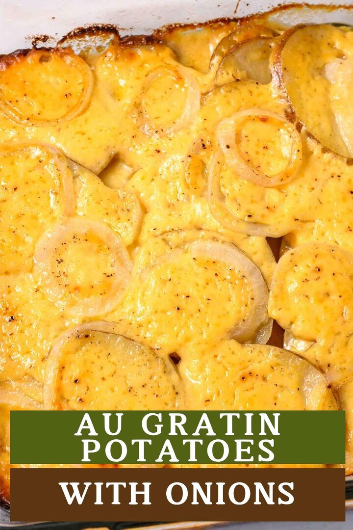 au gratin potatoes with onions in a baking dish.