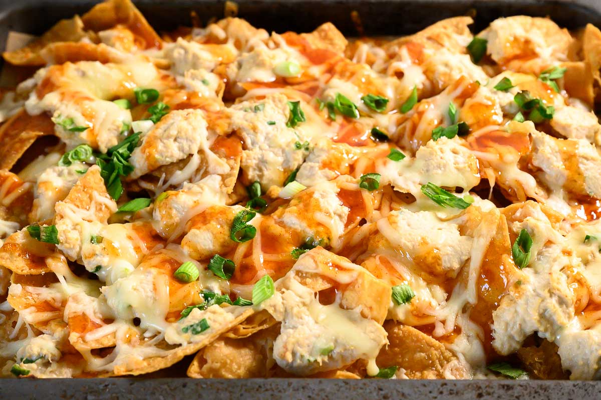 Crab Rangoon Nachos on a baking sheet.