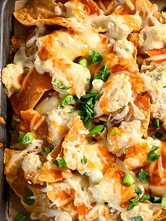 Crab Rangoon Nachos on a baking sheet.