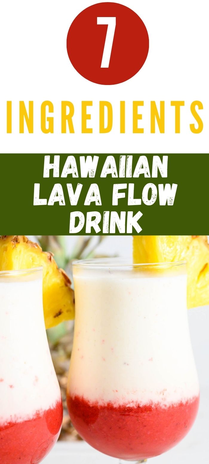 two Hawaiian Lava Flow Drinks garnished with pineapple wedges.