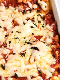 Chicken Spinach Lasagna in a baking dish.