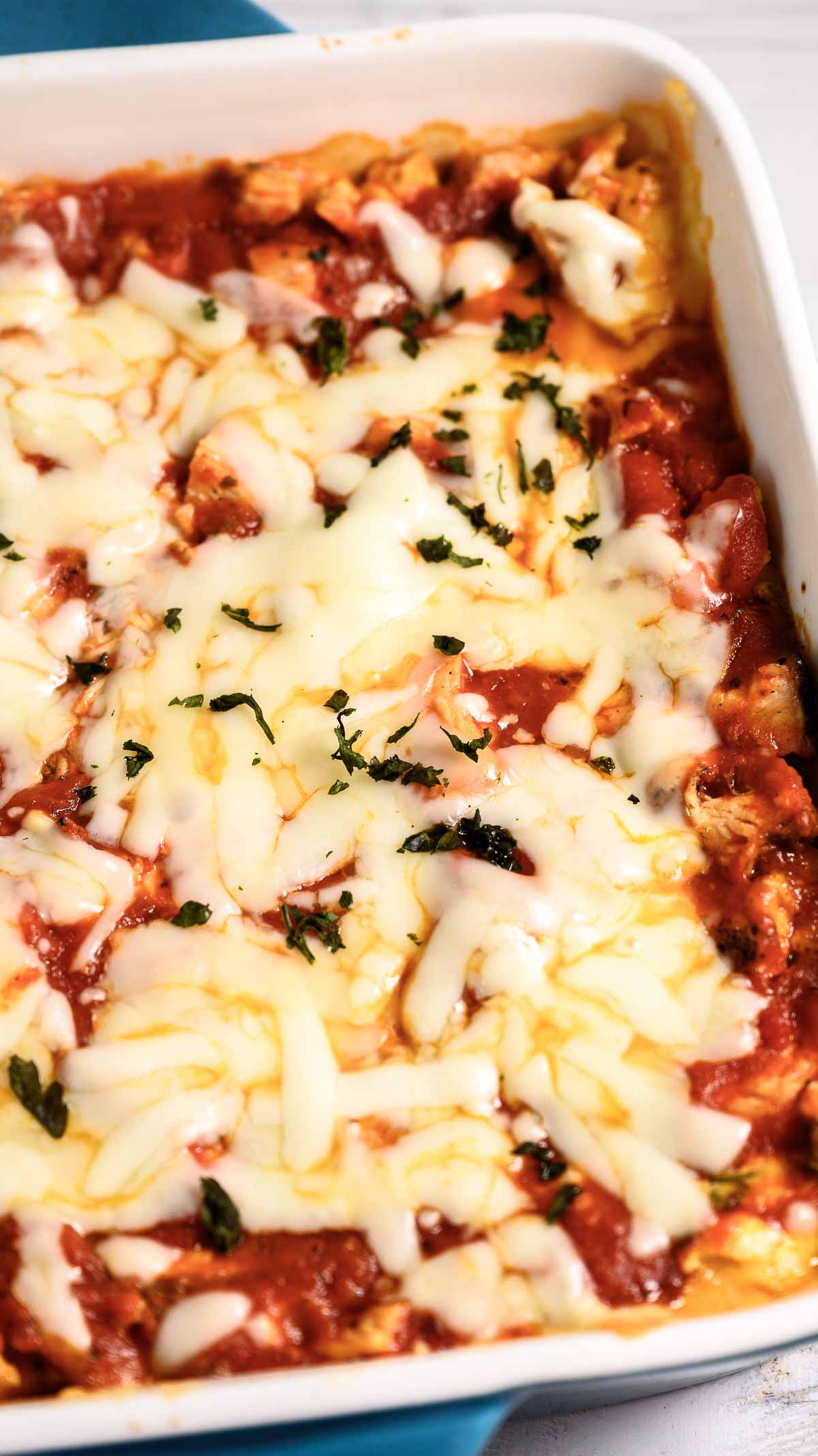 Chicken Spinach Lasagna in a baking dish.