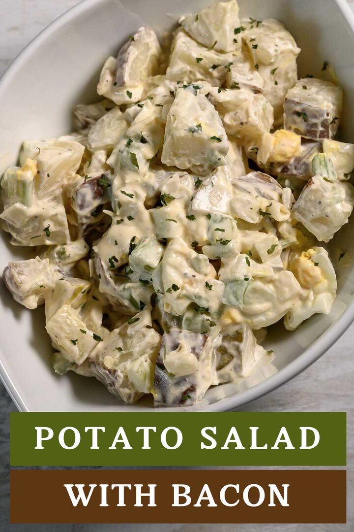 potato salad with bacon in a bowl.