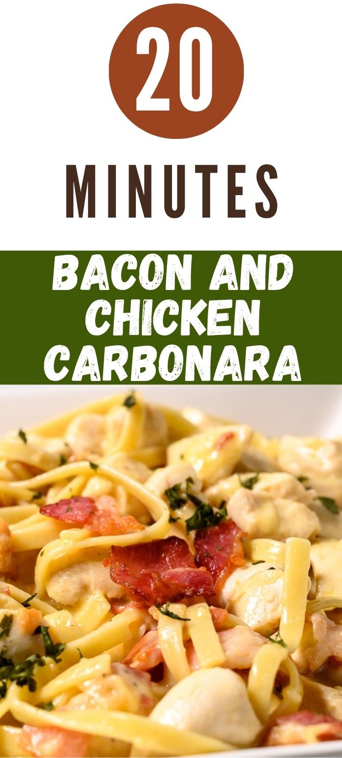 20 minute bacon and chicken carbonara in a dish.