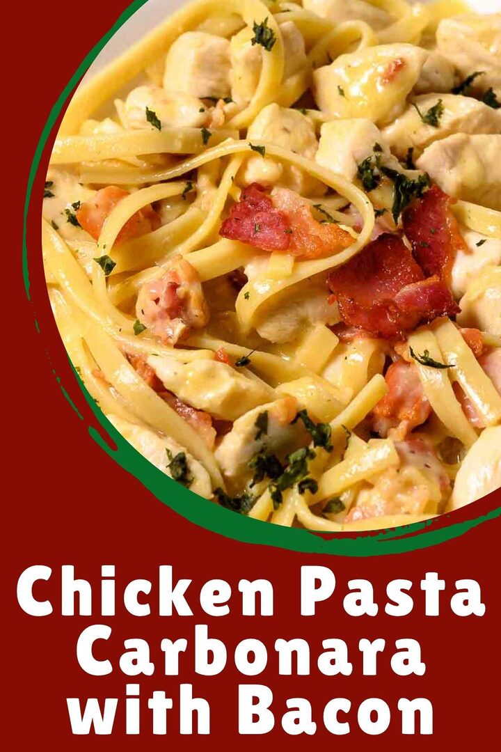 chicken pasta carbonara with bacon in a bowl.