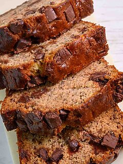 chocolate chunk banana bread slices on a cutting board.