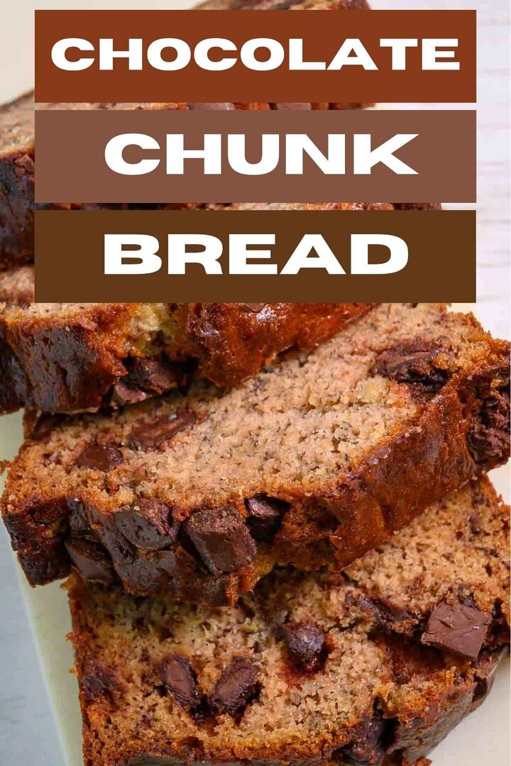 chocolate chunk bread slices on a cutting board.