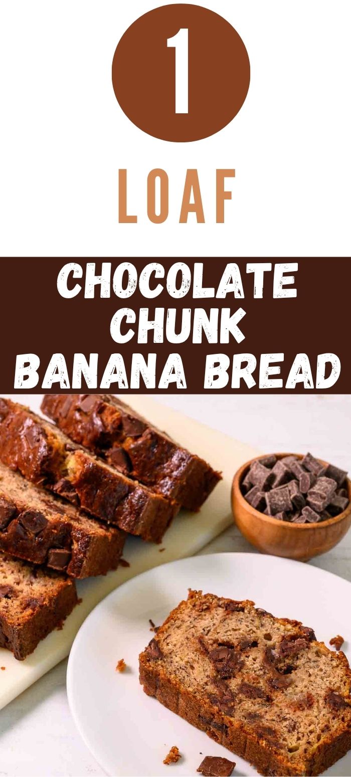 chocolate chunk banana bread slices on a plate and cutting board.