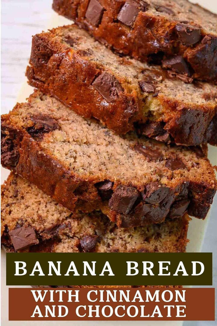 banana bread with cinnamon and chocolate slices on a cutting board.