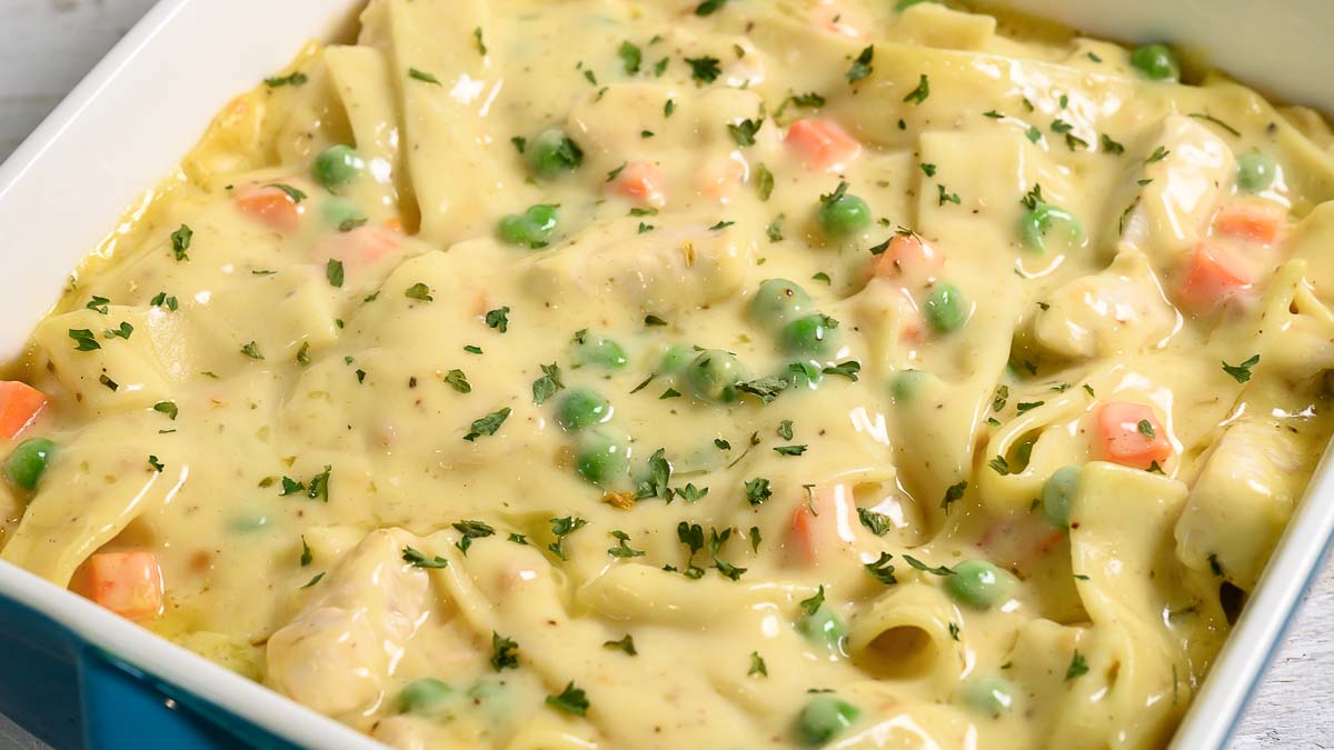Creamy Chicken Noodle Casserole in a baking dish.