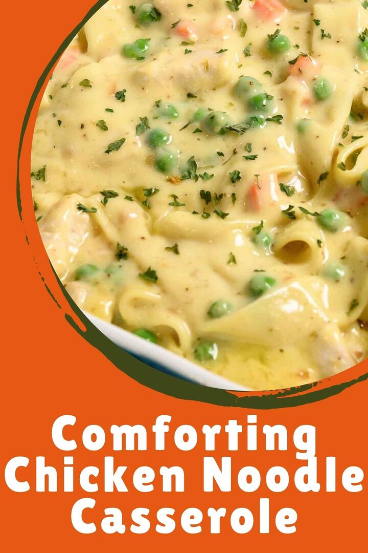 comforting chicken noodle casserole in a baking dish.
