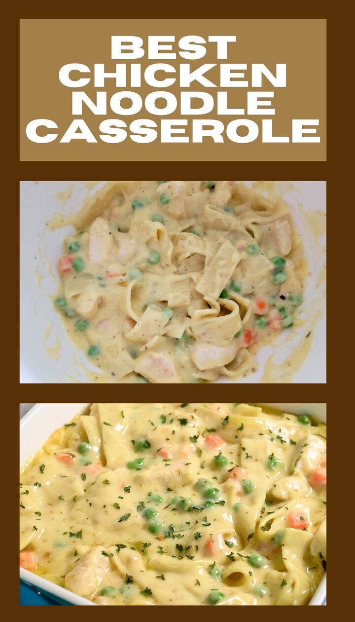 best chicken noodle casserole mixed in a bowl and baked in a dish.